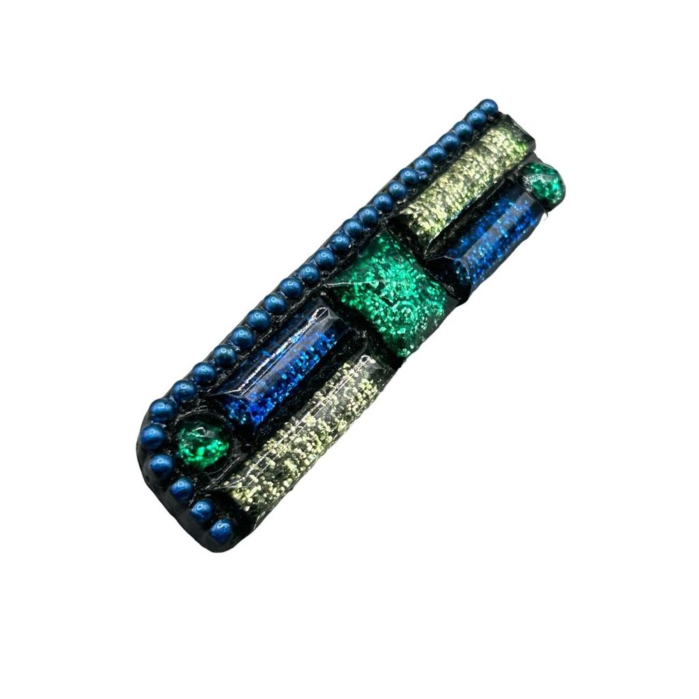 90s Handcrafted Brooch Blue and Green Glittery Pin Rectangle Geometric Design